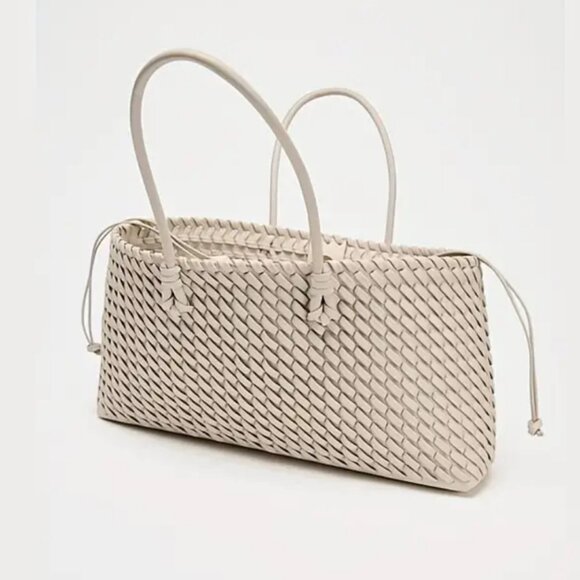 *New* Cream Beige Woven East-West Style Shoulder HandBag Work Travel Going Out - Picture 3 of 4